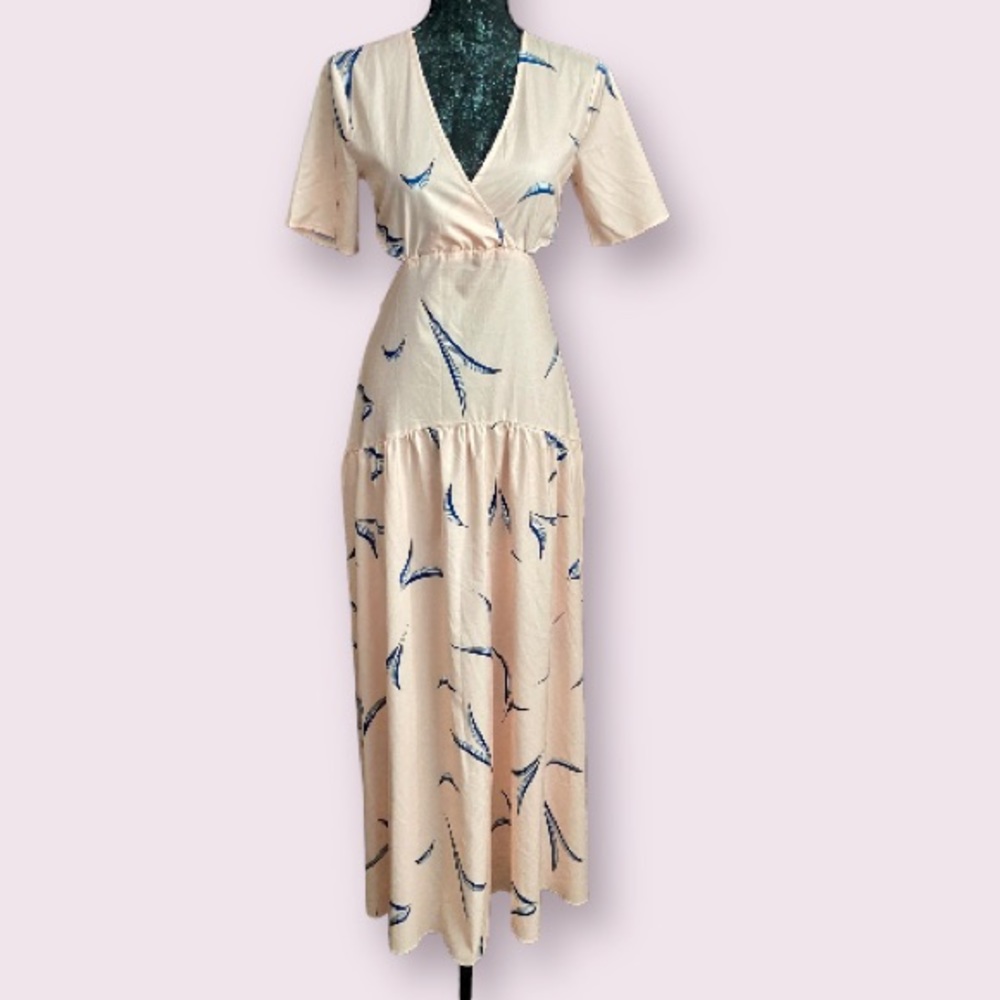 Made with Love Peach Long Dress with Navy Accents and Side-Waist Cutouts